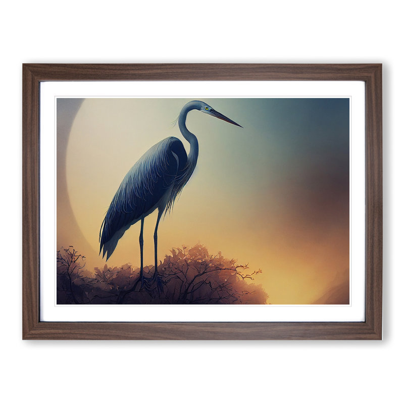 Blooming Heron Bird - Framed Print, 34cm H x 46cm W x 2cm D, Walnut