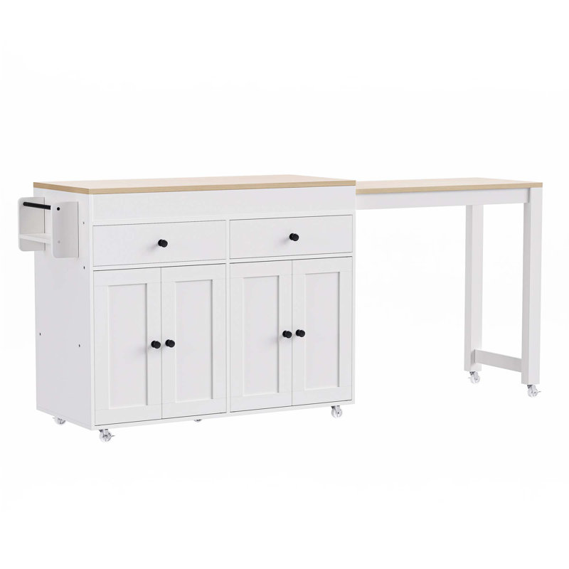 74.5 Inch Kitchen Island With Extendable Dining Table, 36.25" H x 74.5" W x 19.75" D, Off White