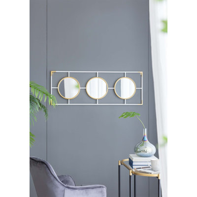 Elegant Deco-Modern Three Mirror Wall Decor with Gold and White Metal Frame, Perfect for Contemporary Home Interiors.