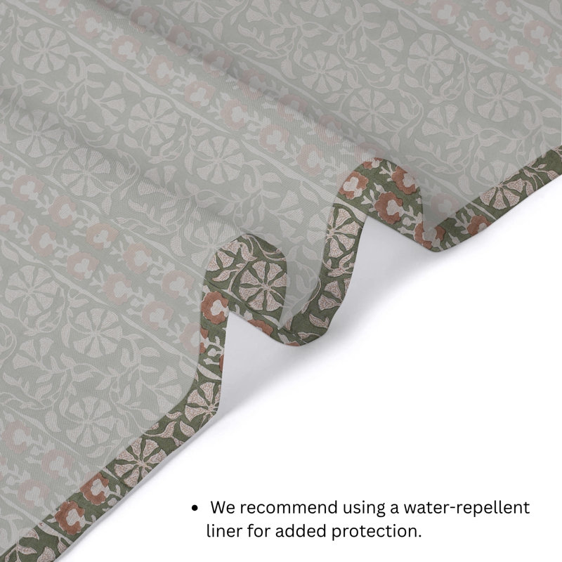 Rideau de douche en lin neutre | Motif indien Fab Fabine | Décoration de salle de bain de style spa, bordure Rudrakash, vert