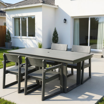 5 Outdoor Dining , , Grey Patio Table, Armrest Chairs, High Impact Strength, Long-lasting, Low Maintenance 4 Recycled Plastic,