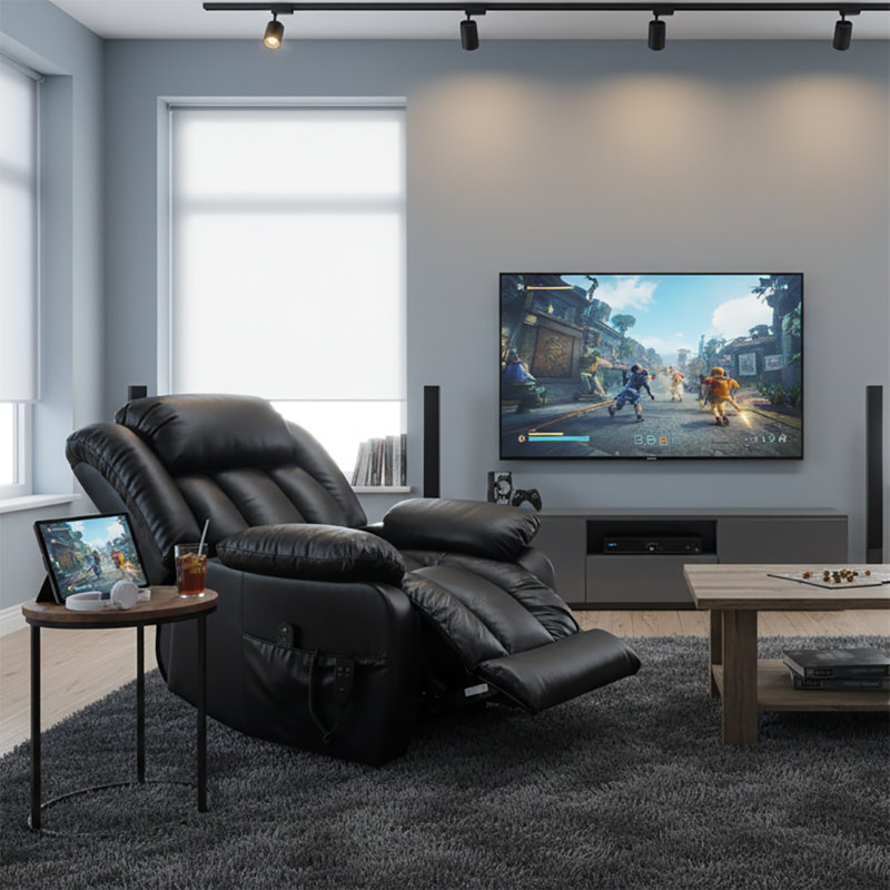 Fauteuil inclinable électrique avec base relevable et fonction de massage chauffant, Cuir véritable noir