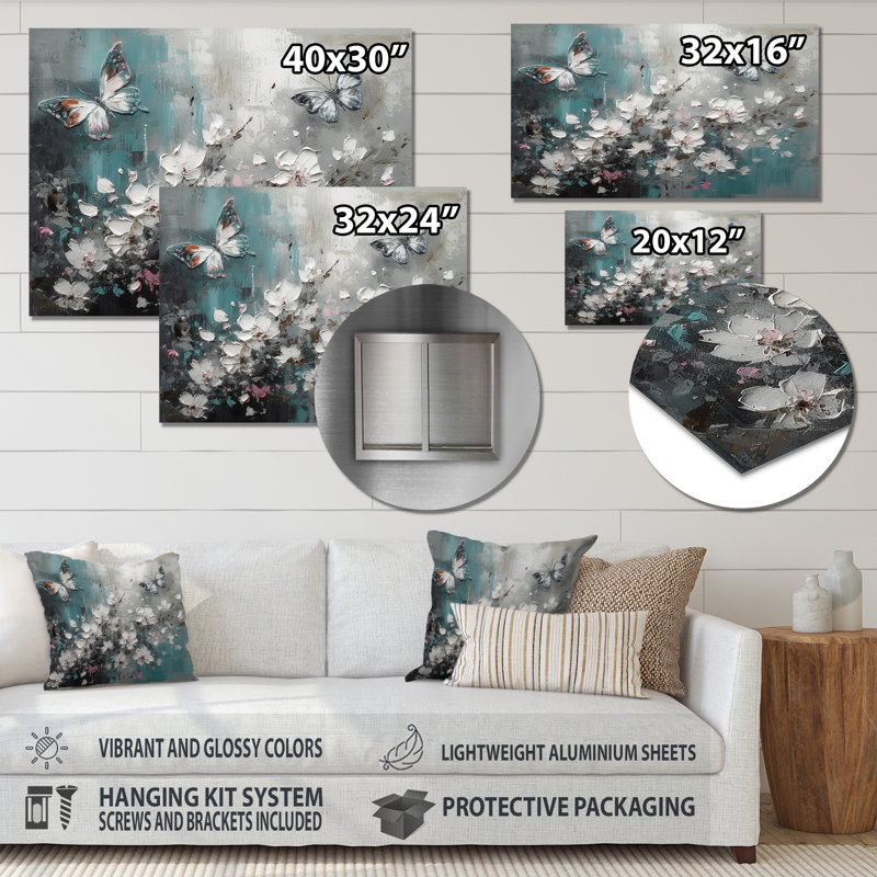 Fleurs avec papillons, peinture IV - reproduction non encadrée sur métal, H 16 po x l 32 po x P 1 po