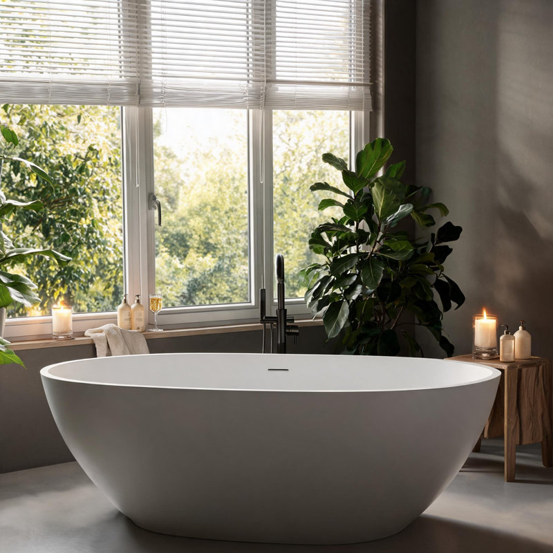 Baignoire de trempage autoportante de 71 pouces à surface solide blanc mat avec trop-plein et bonde escamotable