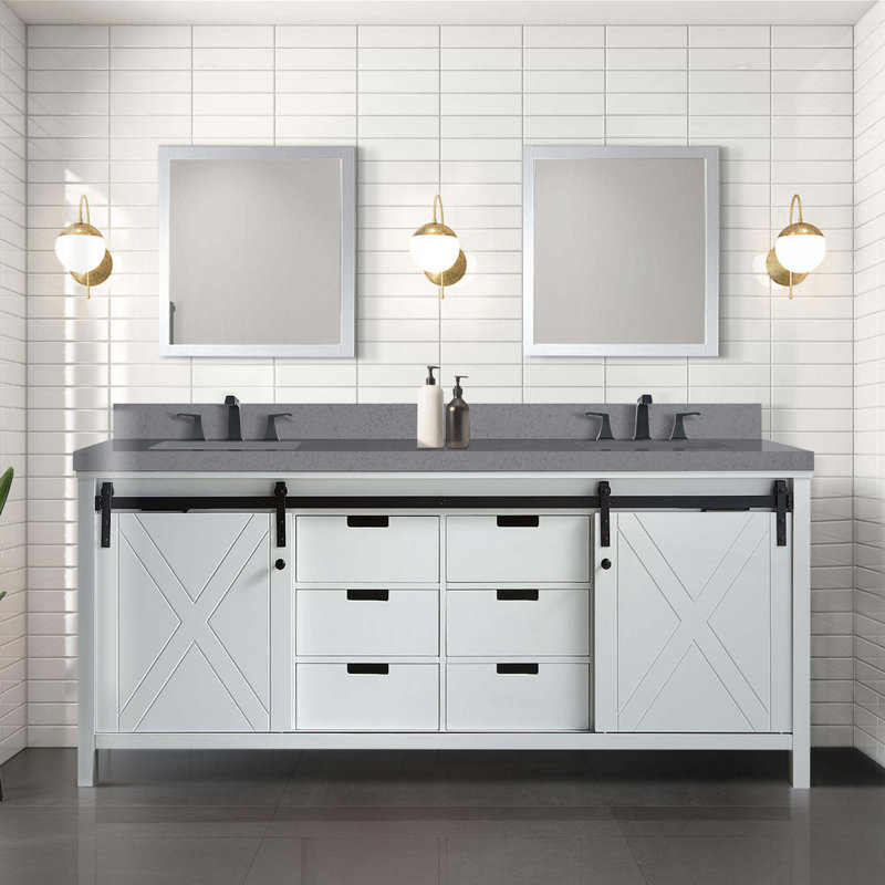 Ensemble de meuble-lavabo double blanc l 80 po x P 22 po, comptoir en quartz gris et robinet