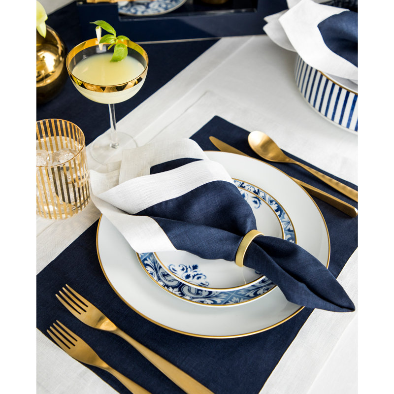 Festive Edge - 100% Pure Linen Placemats, Navy/Silver Shimmer Border