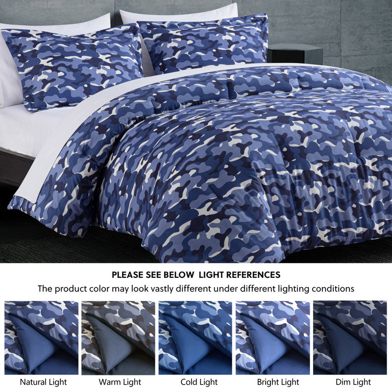 Ensemble d'édredon réversible en microfibre imprimé camouflage 3 pièces, Édredon pour grand lit + 2 taies décoratives sta