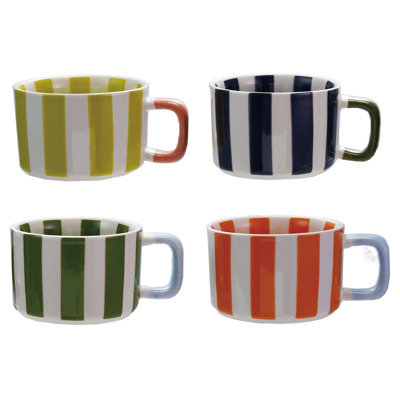 4-Piece 14-Ounce Hand-Painted Stoneware Striped Mug Set, Multicolor