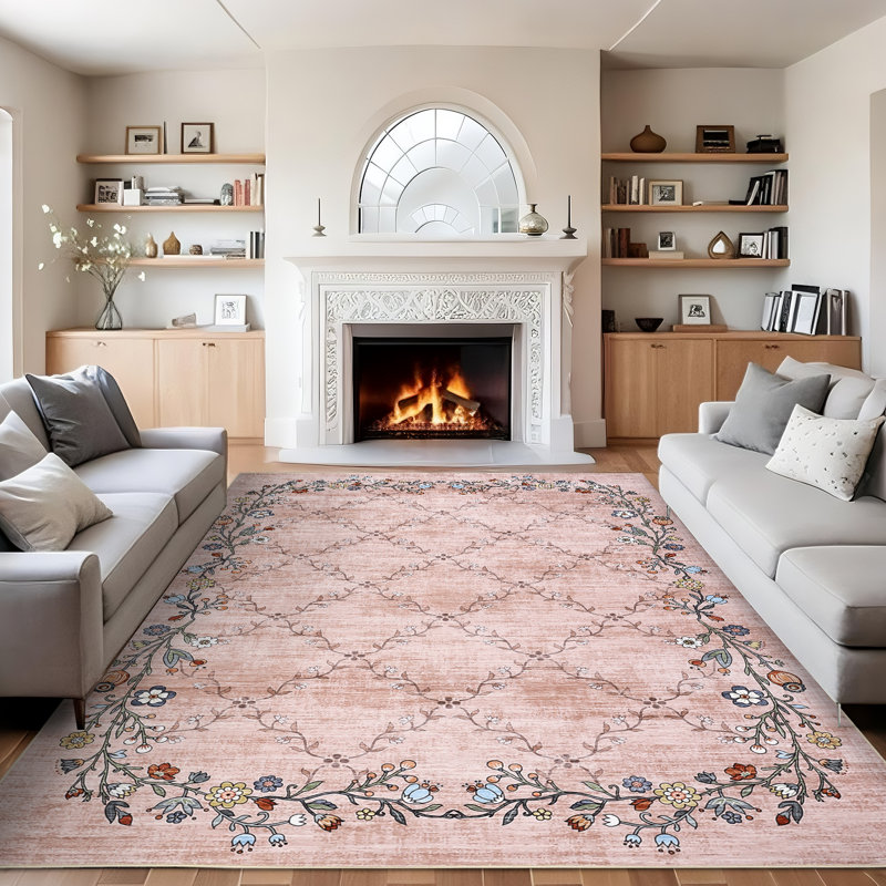 Washable Area Rug Farmhouse Floral Rug Non Slip, Soft Thin Low Pile Floor Carpet, Non Shedding & Stain Resistant, Indoor Foldable Accent Printed Mat for Living Room/Bedroom/Nursery