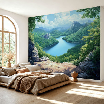 Wall Mural Peel and Stick Wallpaper Nature Mountain National Park Lake Blue Ridge Landscape Panoramic Self-Adhesive Removable Contact Paper Wall Decor for Living Room Bedroom 69"H x 96"W
