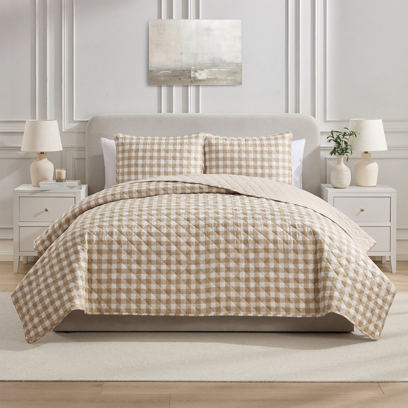 Ensemble de courtepointe en microfibre VCNY Home Gingham, Taupe, Courtepointe pour lit simple et une taie décorati
