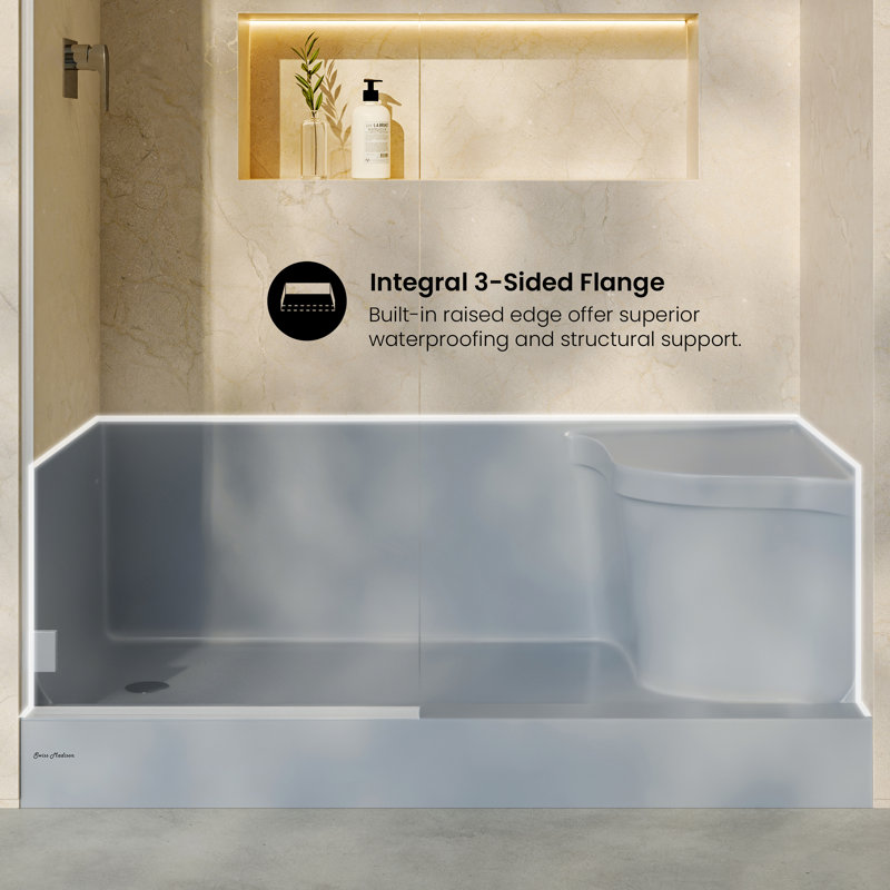 Aquatique 60" x 32" Single Threshold Shower Base With Left Hand Drain and Integral Right Hand Seat in Gray, Gray, Left