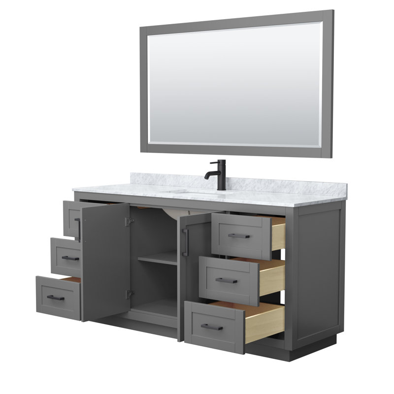 Ensemble de meuble-lavabo simple autoportant 66 po avec plateau en marbre Miranda, Noir mat, Gris foncé