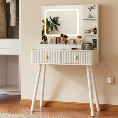 Table de coiffeuse blanche cannelée avec miroir et lumières de maquillage