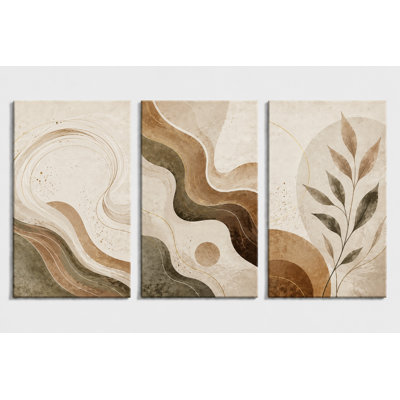 Large Neutral Abstract Boho Wall Art Set of 3, Beige Brown Fluid Line Botanical Canvas Decor for Modern Living Room Bedroom 16x24 Inch Canvas Print - Ready to hang