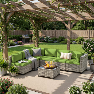 7-Piece Outdoor Sectional Seating Group With HDPE Rattan Wicker, Cushions & Coffee Table, Modular Patio Conversation Set