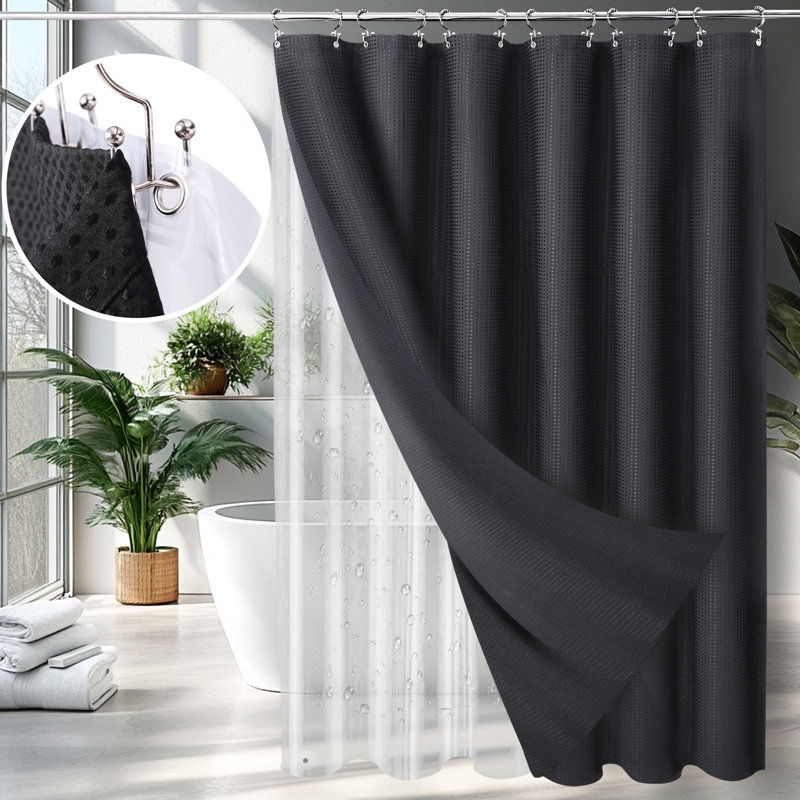 Ensemble de doublure de rideau de douche réversible imperméable 3 en 1 avec 12 crochets en acier inoxydable, Noir