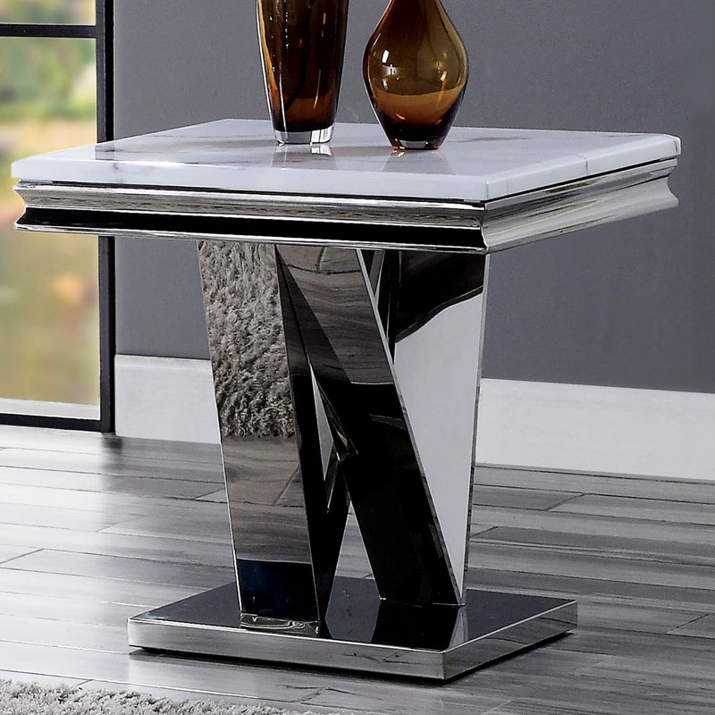 Table de bout moderne 1Pc avec motif, faux marbre 18 mm sur le dessus, piédestal en acier inoxydable de style V et base rectangulaire en forme de biseau
