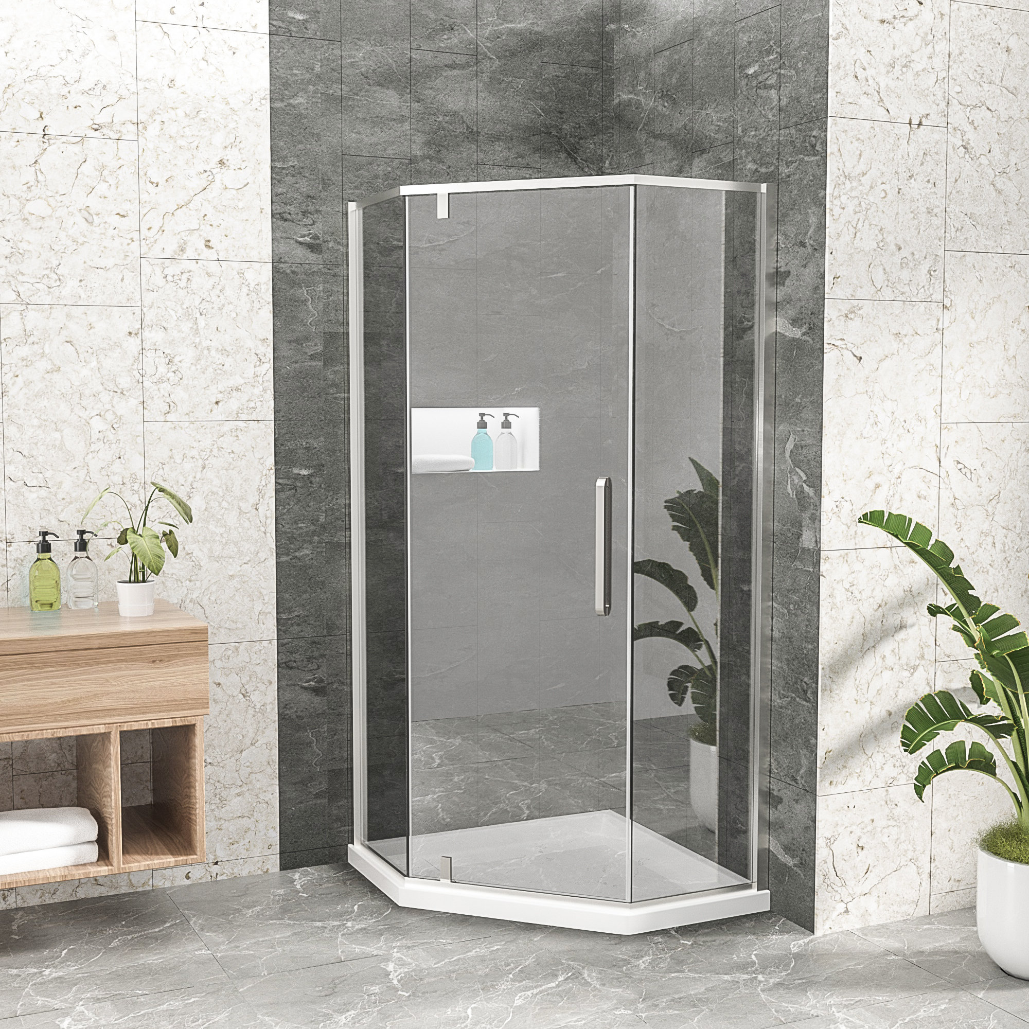 Kichae Shower Door 341/8" X 72" SemiFrameless NeoAngle Hinged Shower