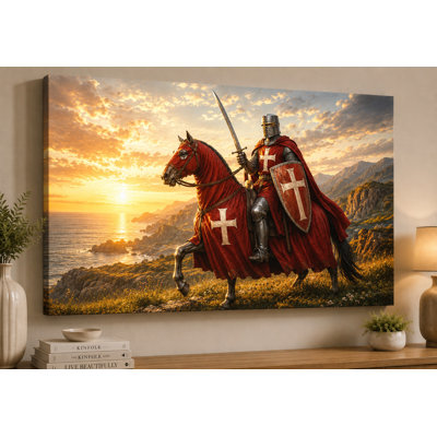 Grand chevalier templier cavalier, impression sur toile 24 x 36 pouces, croisé médiéval fantaisie, décor de château, salon de bureau pour la maison, prêt à être accroché