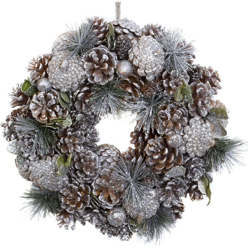 Christmas Hanging Wreath Small - Festive Silver Display with Pine Cones, 30cm x 30cm