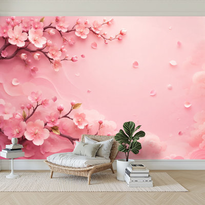 Wall Mural Peel and Stick Wallpaper Cherry Blossom Floral Soft Pink Pastel Japanese Inspired Self-Adhesive Removable Contact Paper Wall Decor for Living Room Bedroom 100"H x 144"W