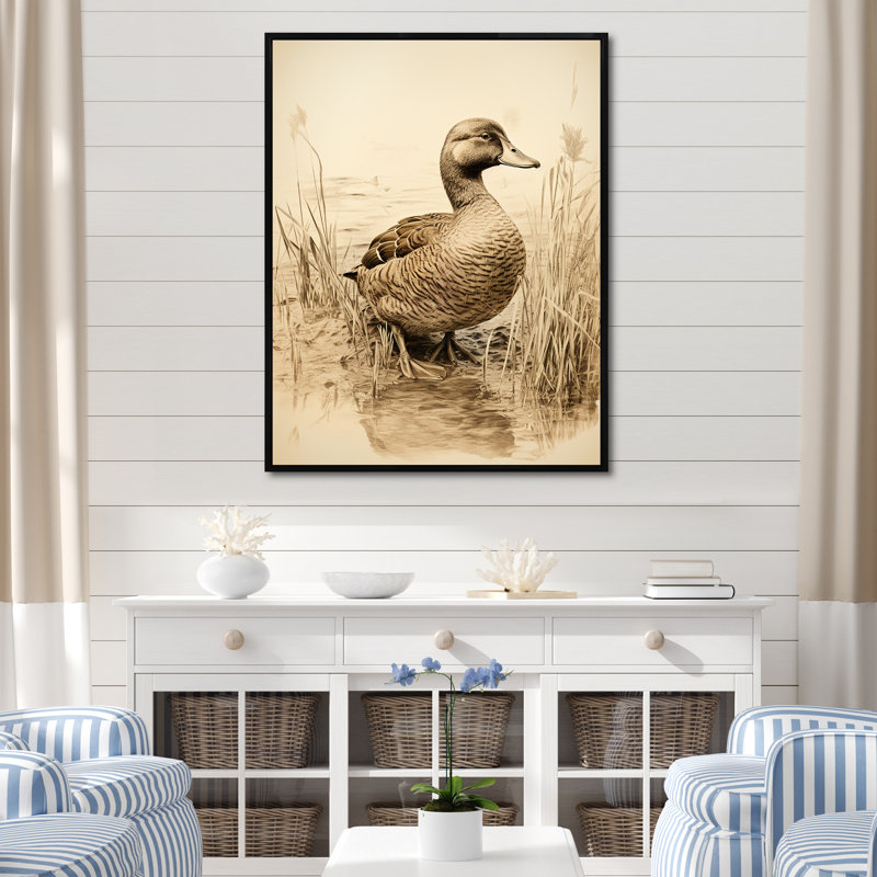 «Brown Duck Elegance II» - Art mural animal canard, Cadre flottant noir, H 32 po x l 24 po x P 1 po