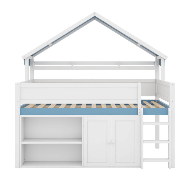 Full Size House Bed With Storage, Cabinet And Bookshelf, House Shaped Loft Bed, White/Blue