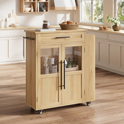 36" Farmhouse Kitchen Island on Wheels - Retro Mobile Cart with Glass Cabinet Door, 4-Tier Spice Rack & Towel Hooks for Dining Room