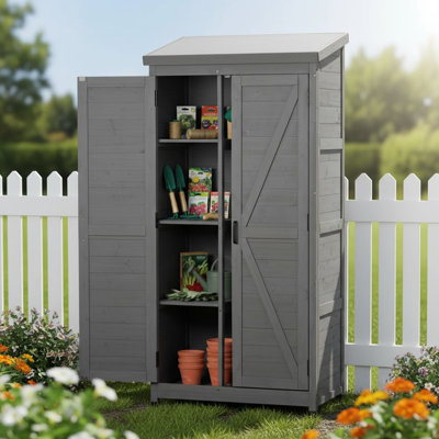 Farmhouse Outdoor Wooden Storage Shed With Metal Top, Tall Vertical Tool Cabinet For Backyard, Garden, Patio & Lawn, Removable Shelves