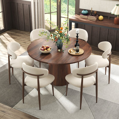 Ensemble de table de salle à manger ronde rustique, table de cuisine de ferme avec base à piédestal et chaises rembourrées, ensemble de salle à manger moderne pour petits espaces avec sièges en tissu beige pour appartement, salle à manger