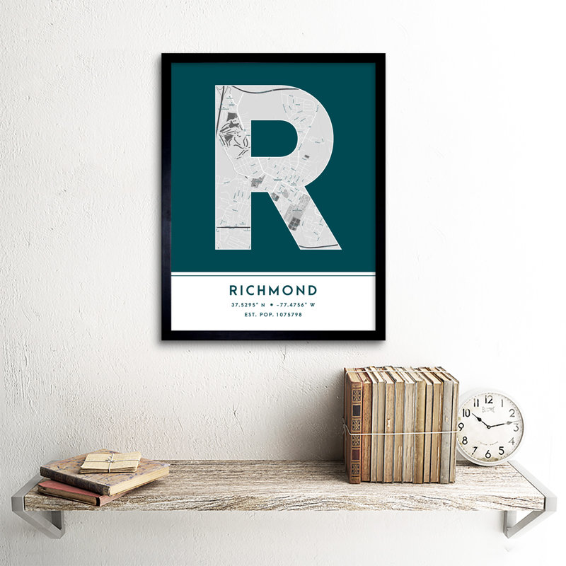 Richmond City Map Richmond Teal by Wee Blue Coo - Single Picture Frame Typography