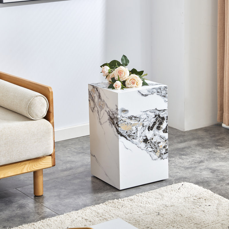 Modern Faux Marble Square Coffee & End Table for Small Spaces, White, 19.69" H x 11.81" W x 11.81" D