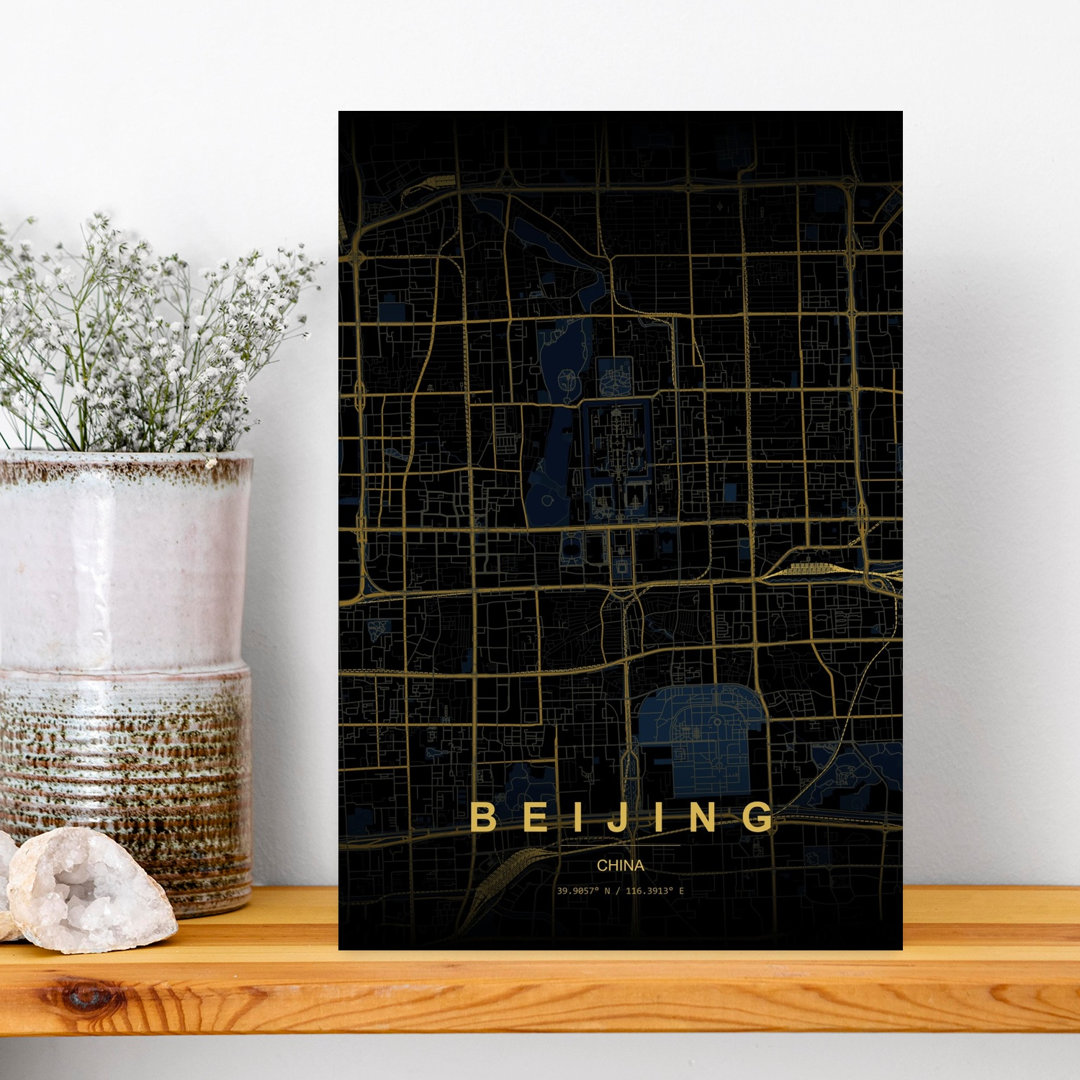 Golden Beijing Map Geometric Minimalist Modern Architecture City Wall Art Print