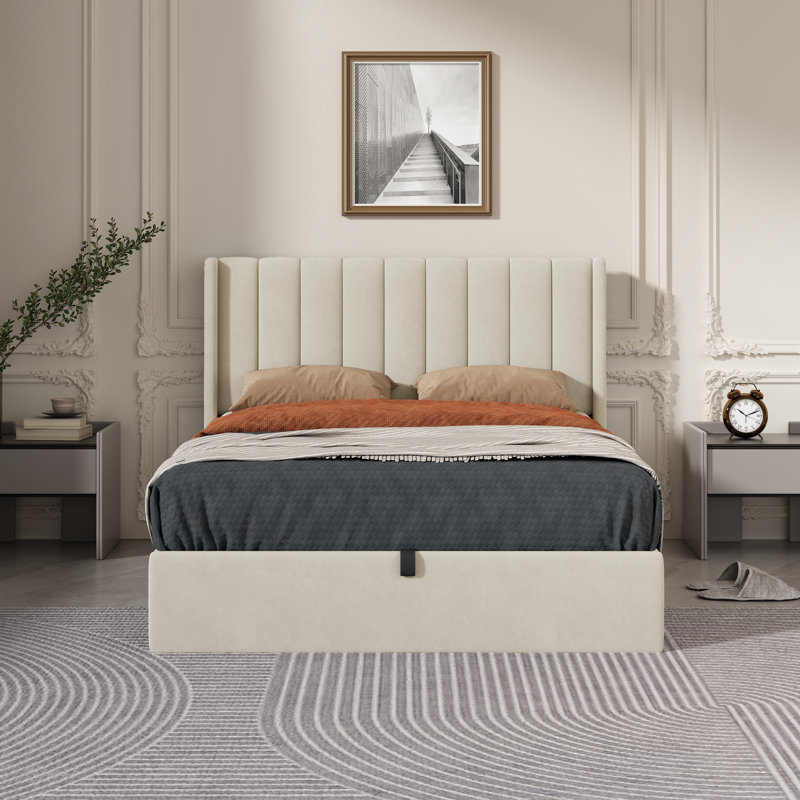 Lit plateforme avec rangement Daizia, Double, Crème
