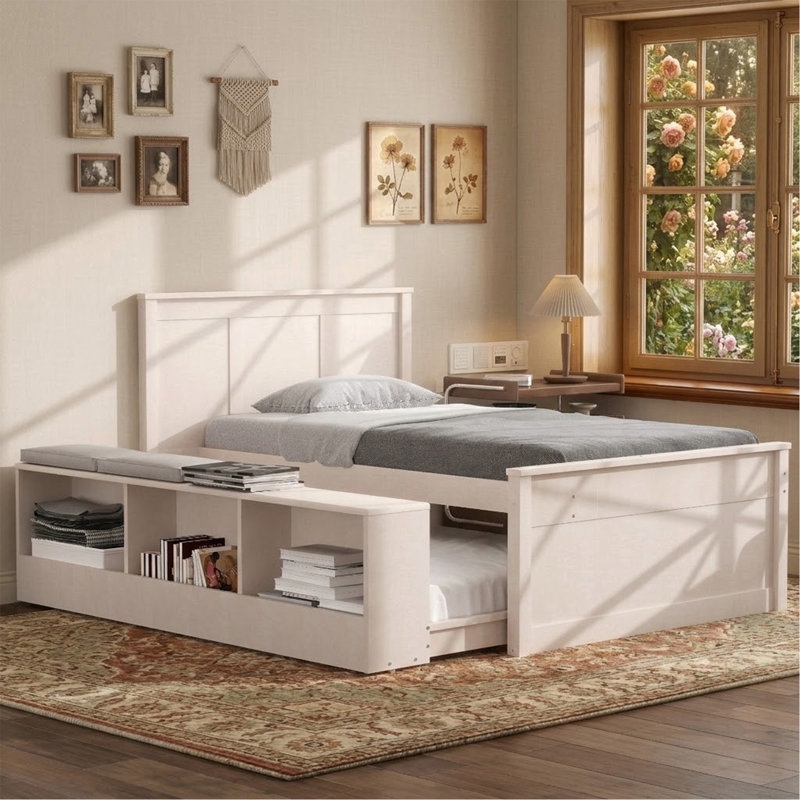 Lit plateforme simple en bois avec lit gigogne escamotable, armoire de rangement, blanc crème