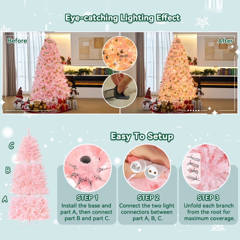 Arbre de Noël rose pré-éclairé 7,5 pi avec lumières multicolores