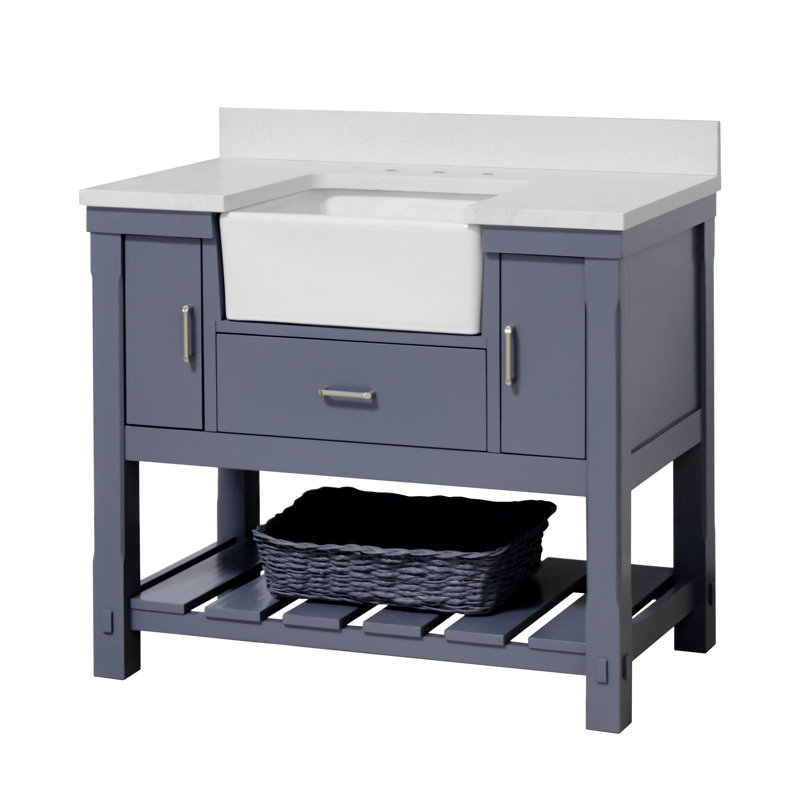 Hitton 42'' Single Bathroom Vanity with Top, Marine Gray, Quartz