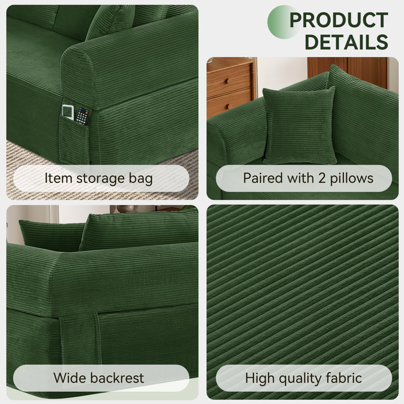 Boneless Modern 3-Seater Sofa with Deep Seat, No Assembly Required, Modern Corduroy Couch with 2 Pillows, Lazy Compression Sofa for Living Room Bedroom, Hybrid Sofa in a Box