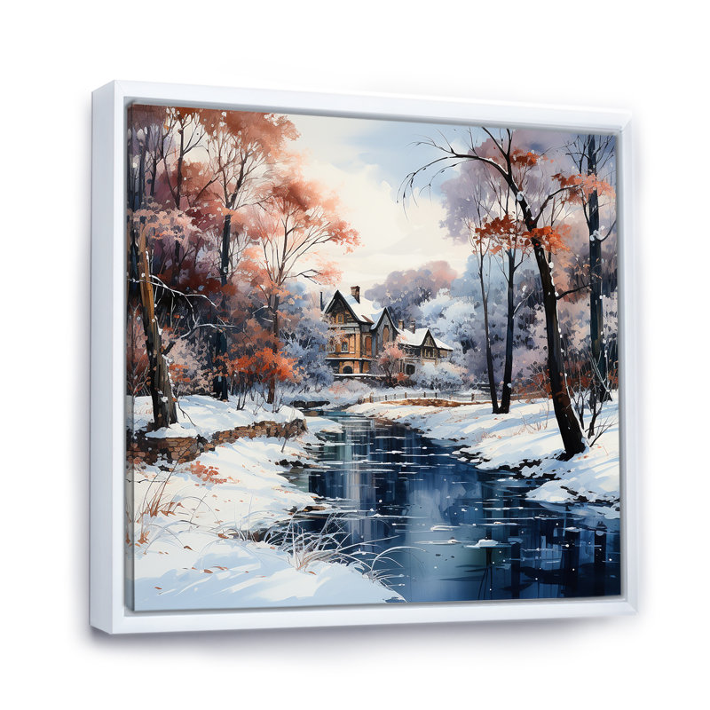 «Cabin River Forest Charm In Winter», reproduction sur toile, Cadre flottant blanc, H 36 po x l 36 po x P 1,5 po
