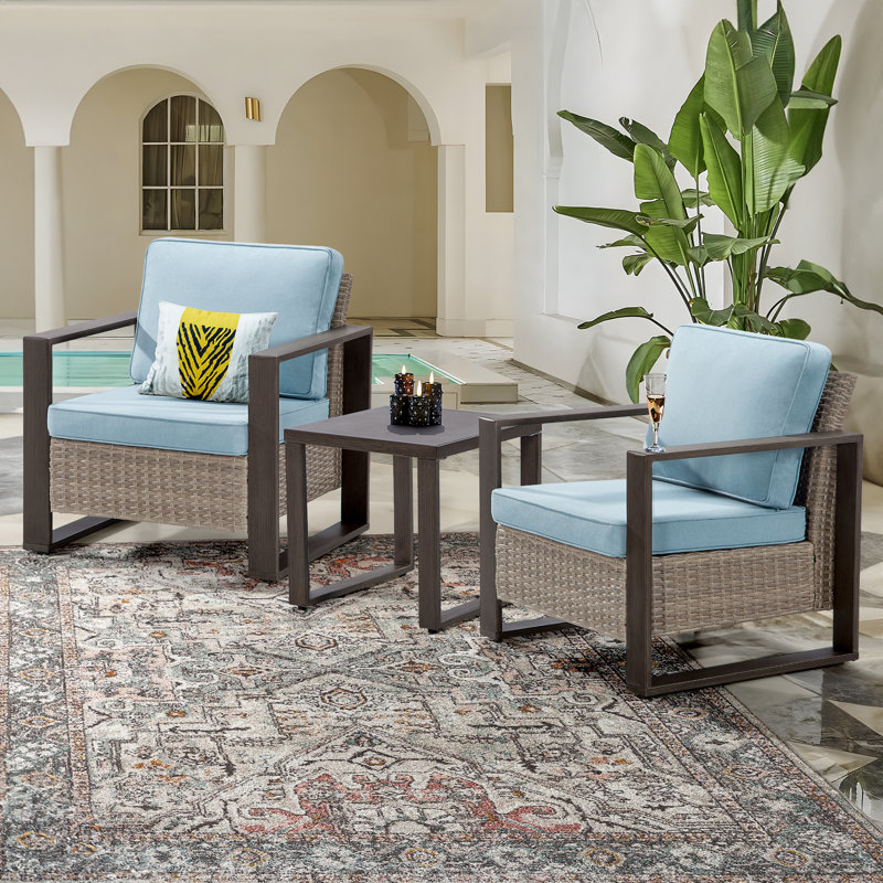 Creal Wicker 2 - Person Patio Conversation Set with Cushions, Sky Blue