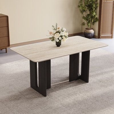 55''Beige Sintered Stone Dining Table for 4, Rectangle Dining Table with Double Black Legs Mid Century Modern Kitchen Table