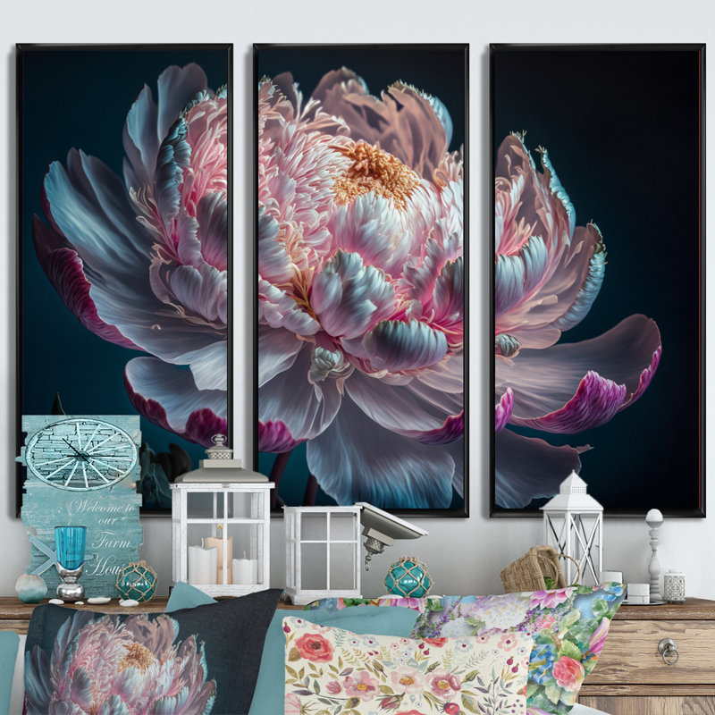 «Blossoming Pink and White Peony IV», reproduction de cadre flottant sur toile 3 pièces, H 28 po x l 36 po x P 1 po