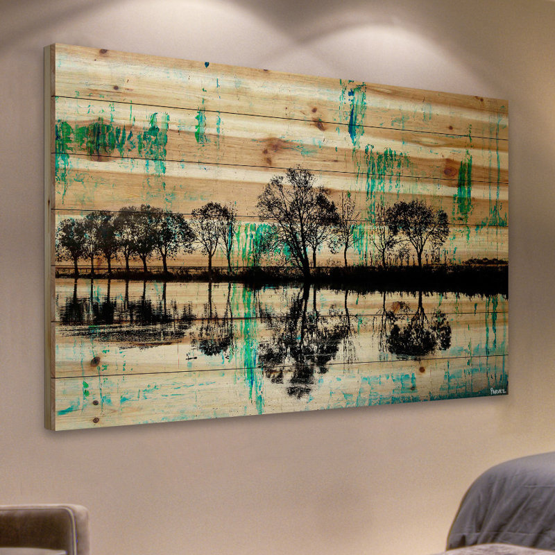 « trees reflect green 2 » par parvez taj,, reproduction d’art sur bois de pin naturel, H 40 po x l 60 po x P 1,5 po