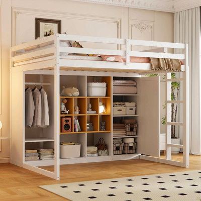 Full Size Wood Loft Bed With Wardrobe, Shelves And  Cabinet