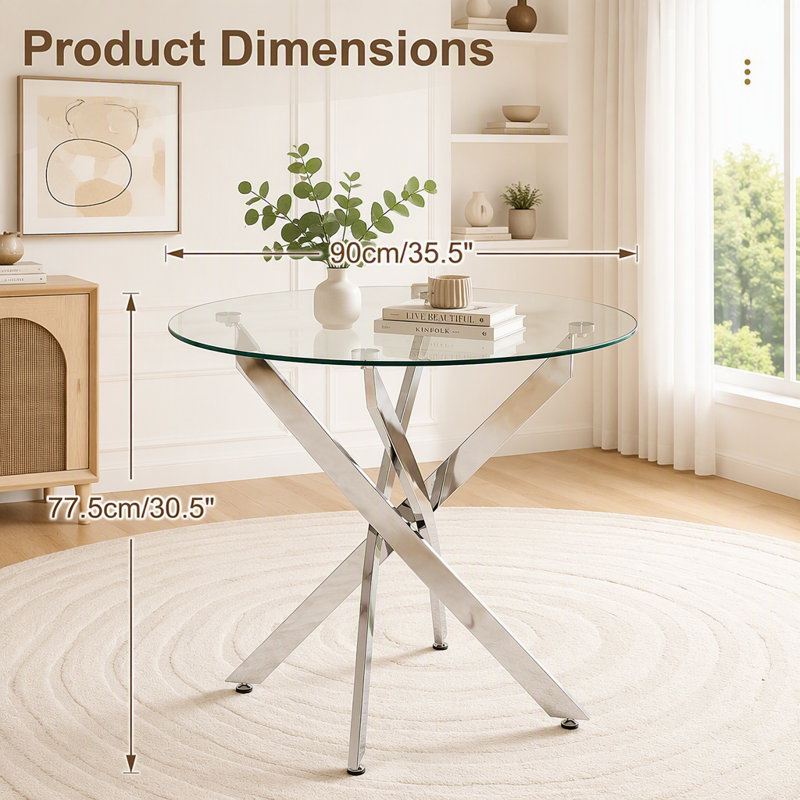 Table de salle à manger 35,5 pouces, Chrome + transparent