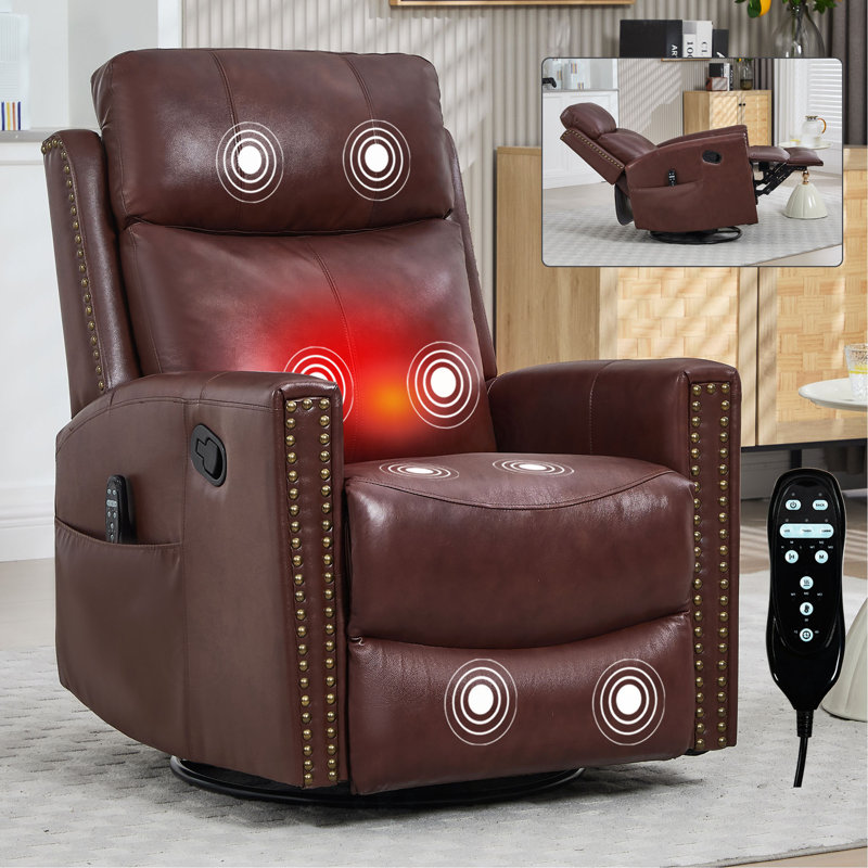 Genuine Leather Heat Massage Manual Recliner Chair With Rocker And Swivel For Living Room, Red
