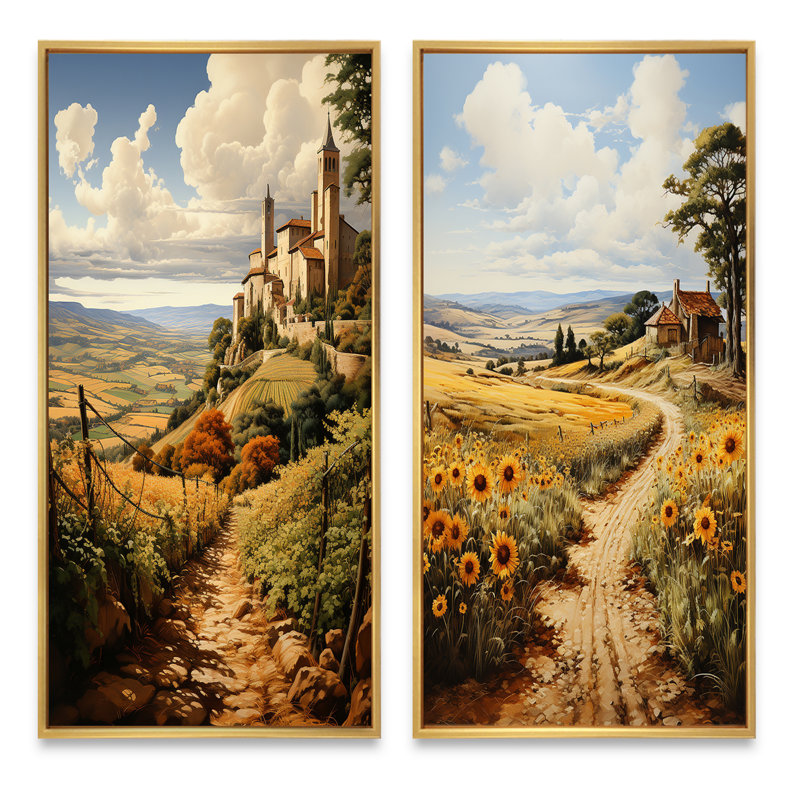 «Espagne Golden Fields Méditerranée», 2 pièces, Encadrement doré, H 24 po x l 20 po