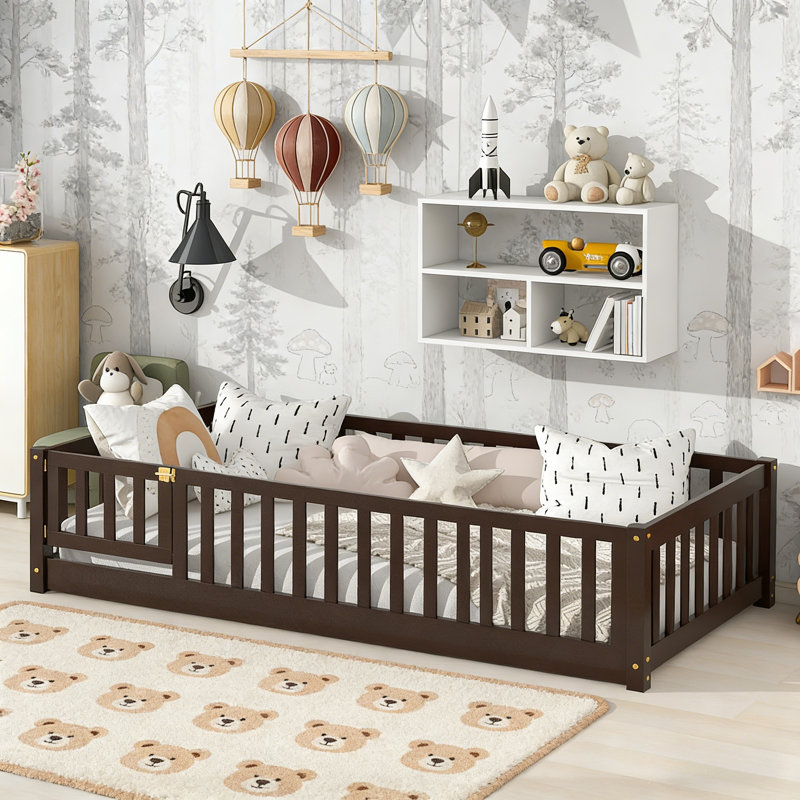 Twin Size Floor Bed With Fence And Door,rubber Wood Floor Bed With Slats And Safety Guardrails For Kids,boys Girls, Brown