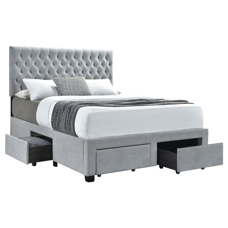 Allwin Upholstered Queen Storage Panel Bed Light Grey, Queen, Gray